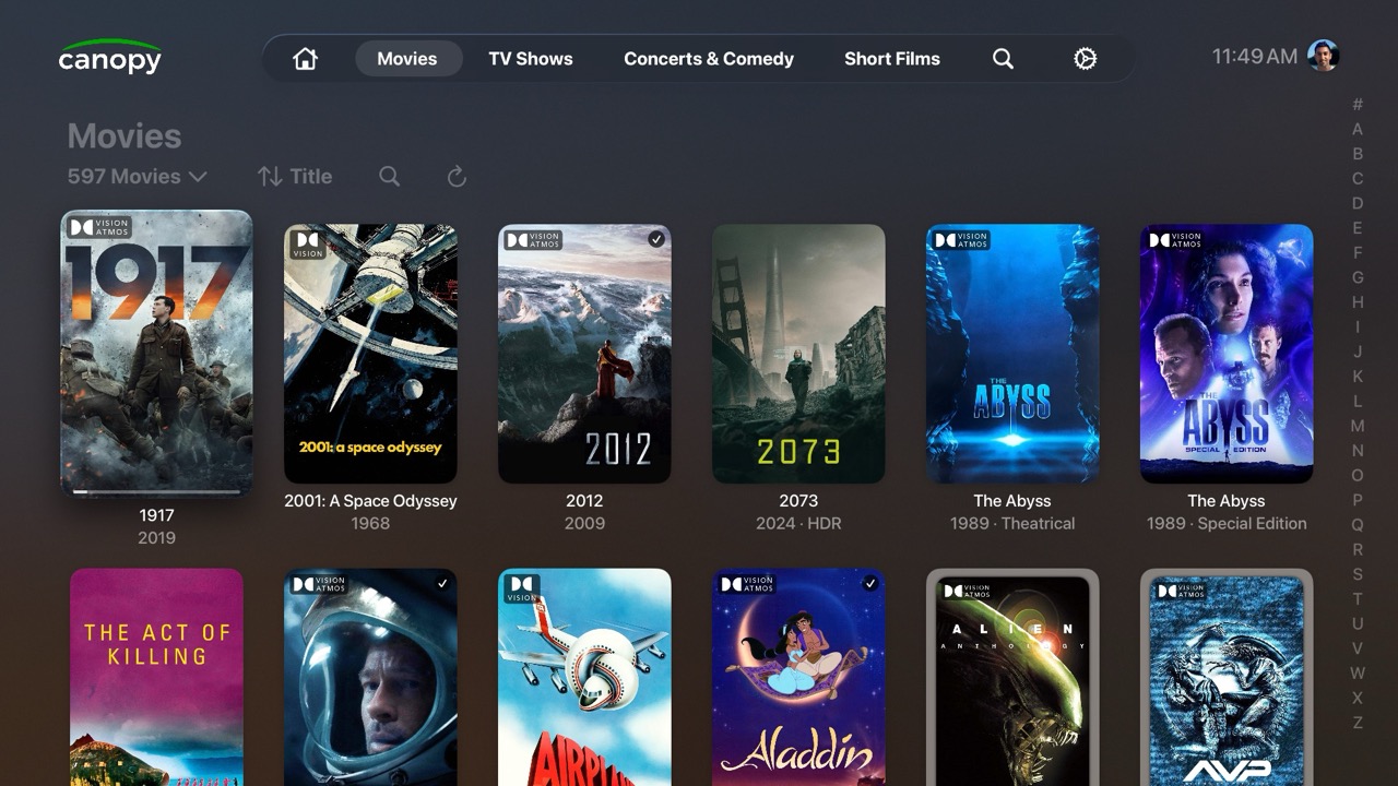 The Movies tab, a grid of posters with an A to Z index.