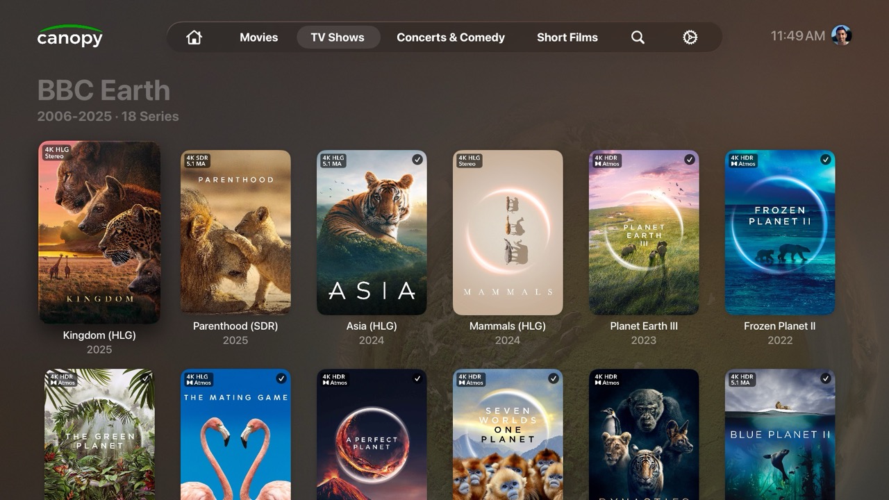 The TV Shows tab showing a BBC Earth collection.
