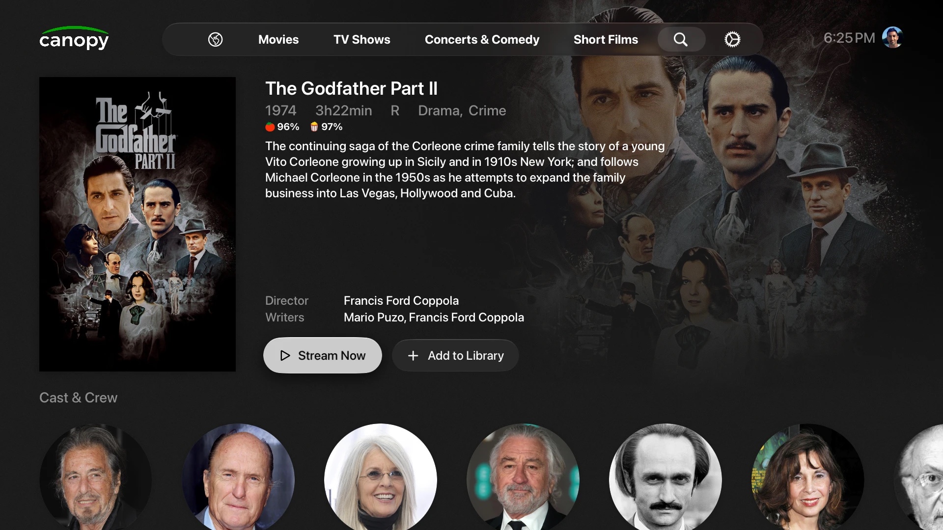 The page for The Godfather Part II, a title not yet in the library, with Stream Now and Add to Library buttons.
