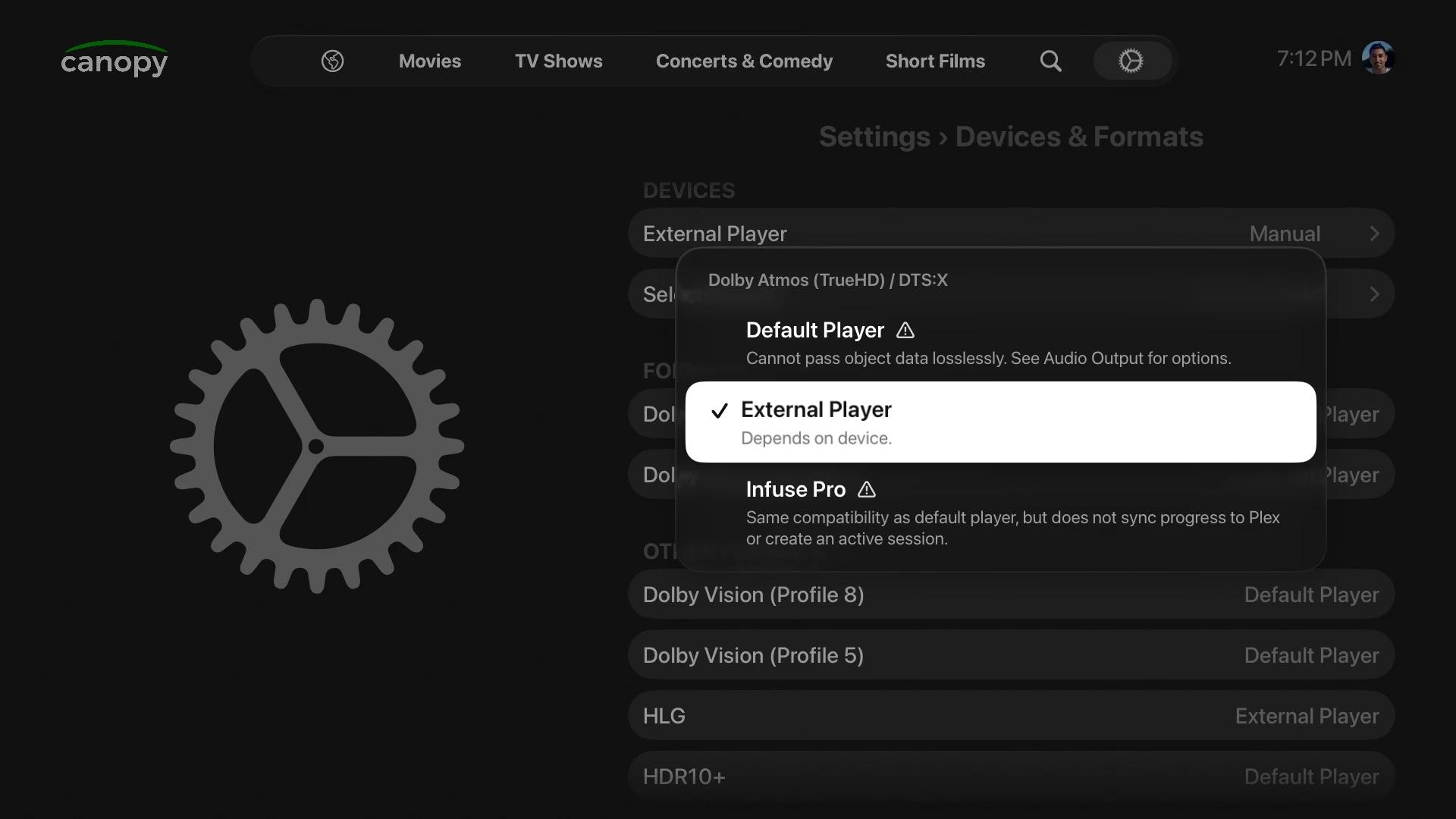 Devices and Formats settings, choosing External Player for Dolby Atmos (TrueHD) and DTS:X instead of the default player or Infuse Pro.