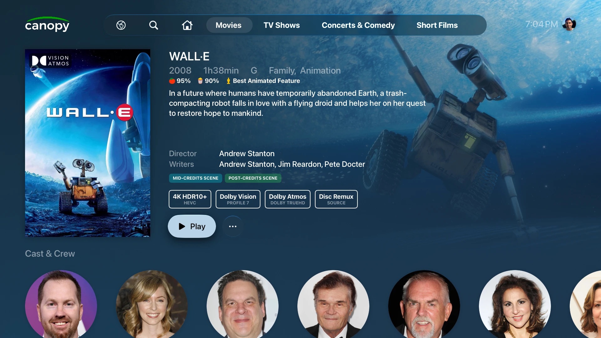 The detail page for WALL-E with ratings, credits-scene tags, video and audio details, and cast and crew.