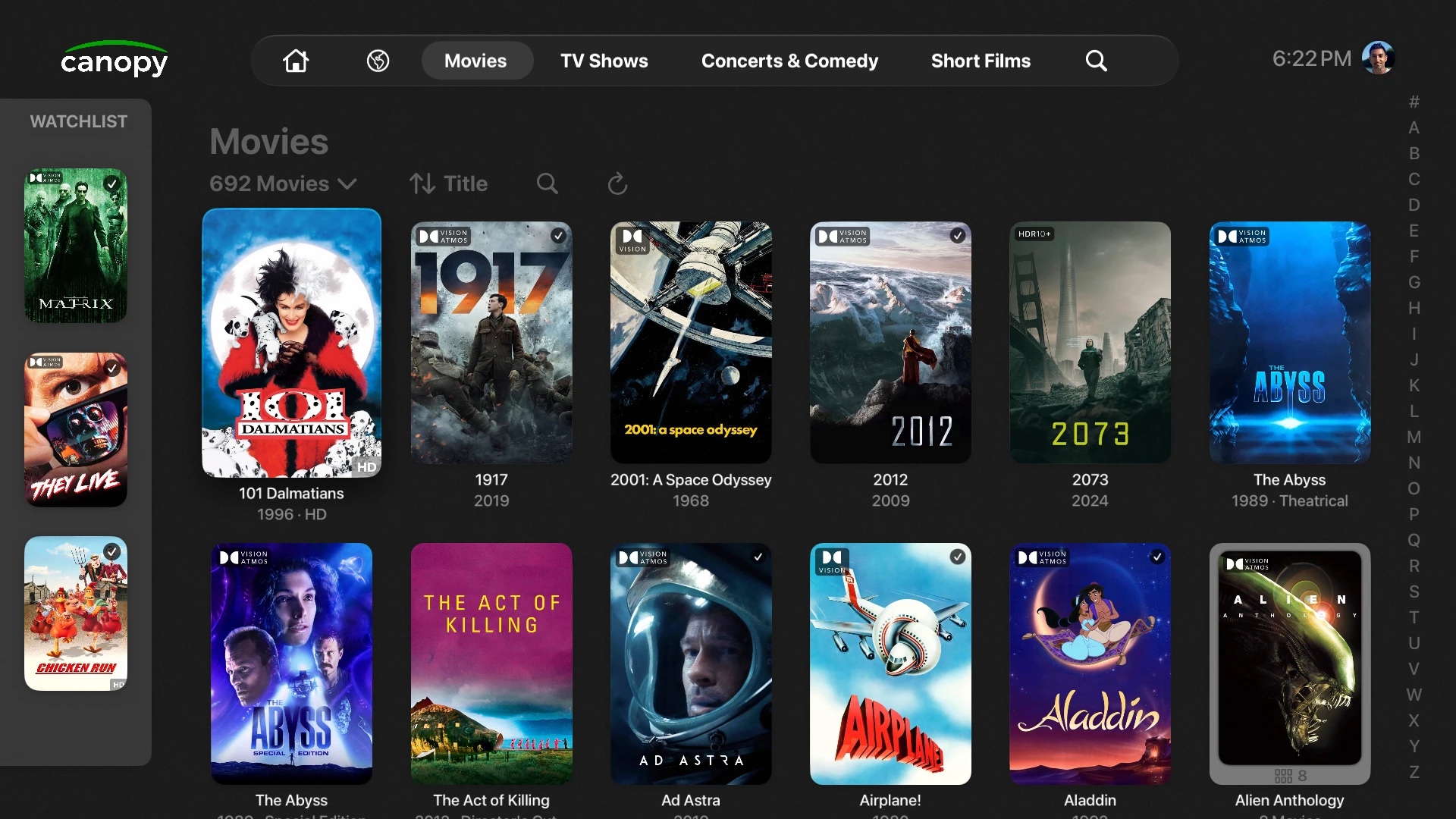 Browsing movies with the evening’s watchlist in a sidebar on the left.